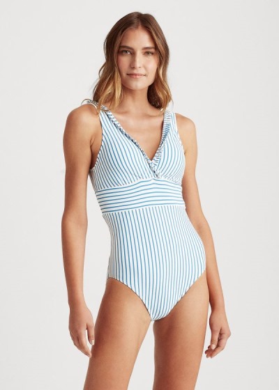 One-Piece Ralph Lauren Mujer Azules / Blancos - Ruffle-Trim Striped - CMYVO6543
